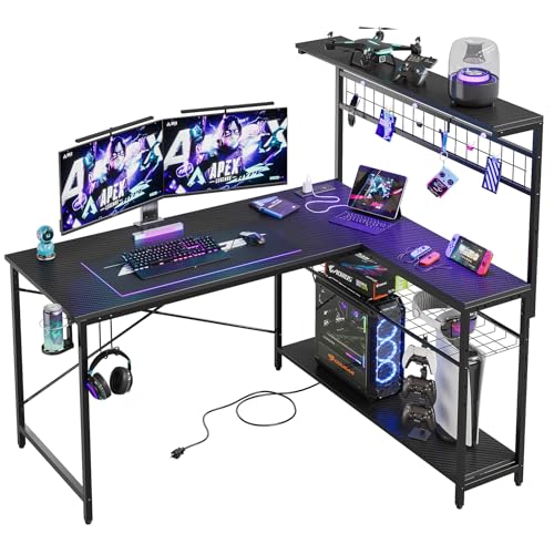 Bestier 42 L Gaming Desk,Computer Desk with Power Outlets, LED Lights, Reversible Corner Desk with 4-Tier Shelves,Cup Holder & Hook Carbon Fiber Black
