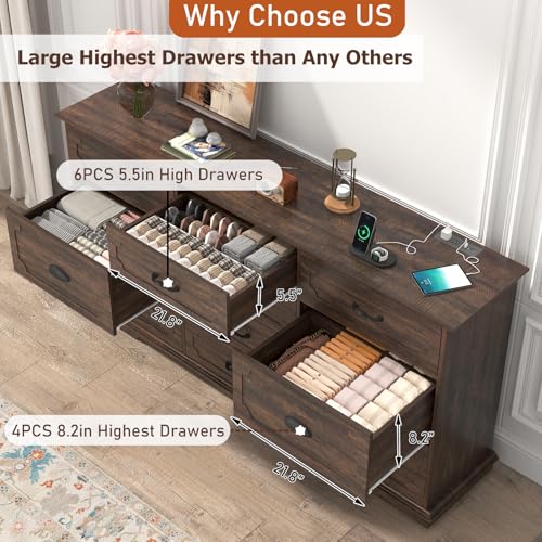 70inch Large Long Dresser w/Charging Station,10 Drawer Dresser w/Deep Big Drawers,Wooden Chest of Drawers w/Power Outlet,White Dressers for Bedroom