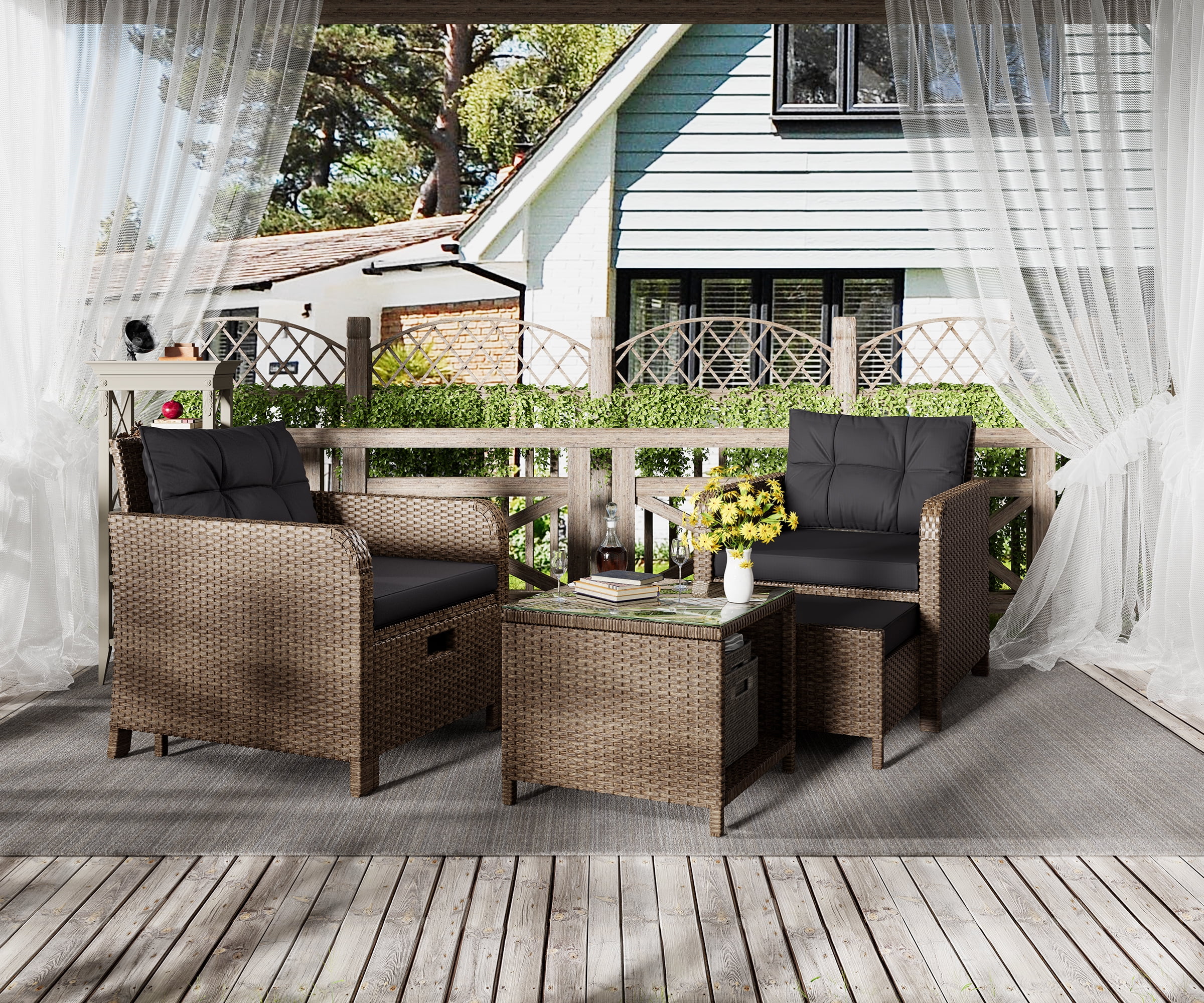 LHBcraft Balcony Furniture 5 Piece Patio Conversation Set, PE Wicker Rattan Outdoor Lounge Chairs with Soft Cushions 2 Ottoman&Glass Table for Porch