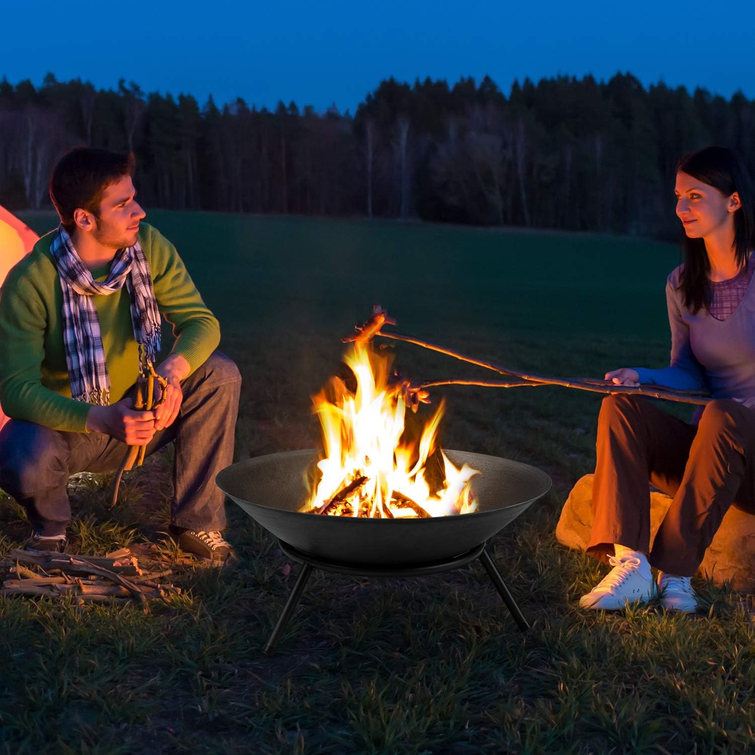 AMAGABELI GARDEN & HOME Fire Pit Outdoor Wood Burning Portable Folding 22in Firepit Firebowl Fireplace Poker Spark Screen Retardant Mesh Lid Deep