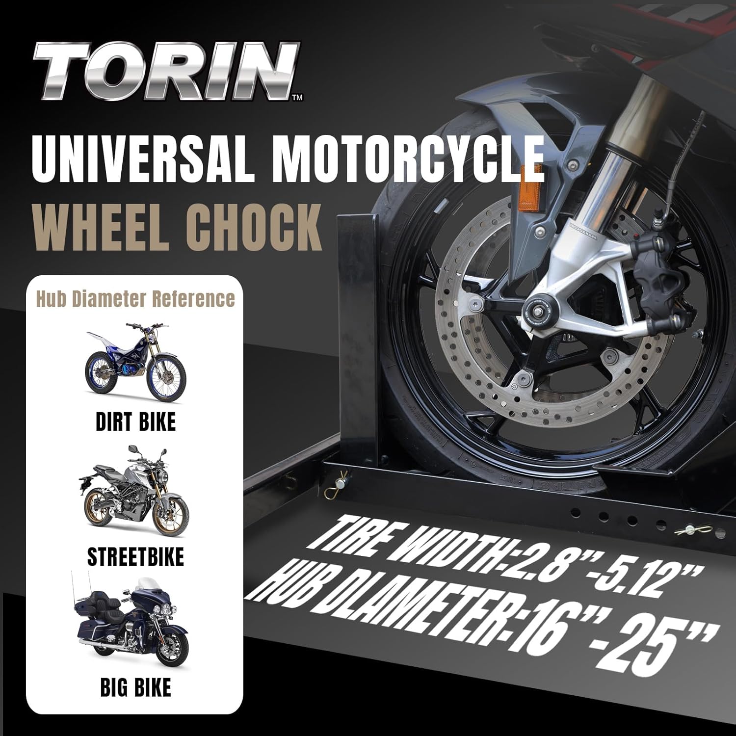 Torin ATRM05012B Motorcycle Trailer Wheel Chock: Adjustable Heavy-Duty Steel Motorcycle Stand Wheel Tire Chock for 16"-25" Off-Road and Standard
