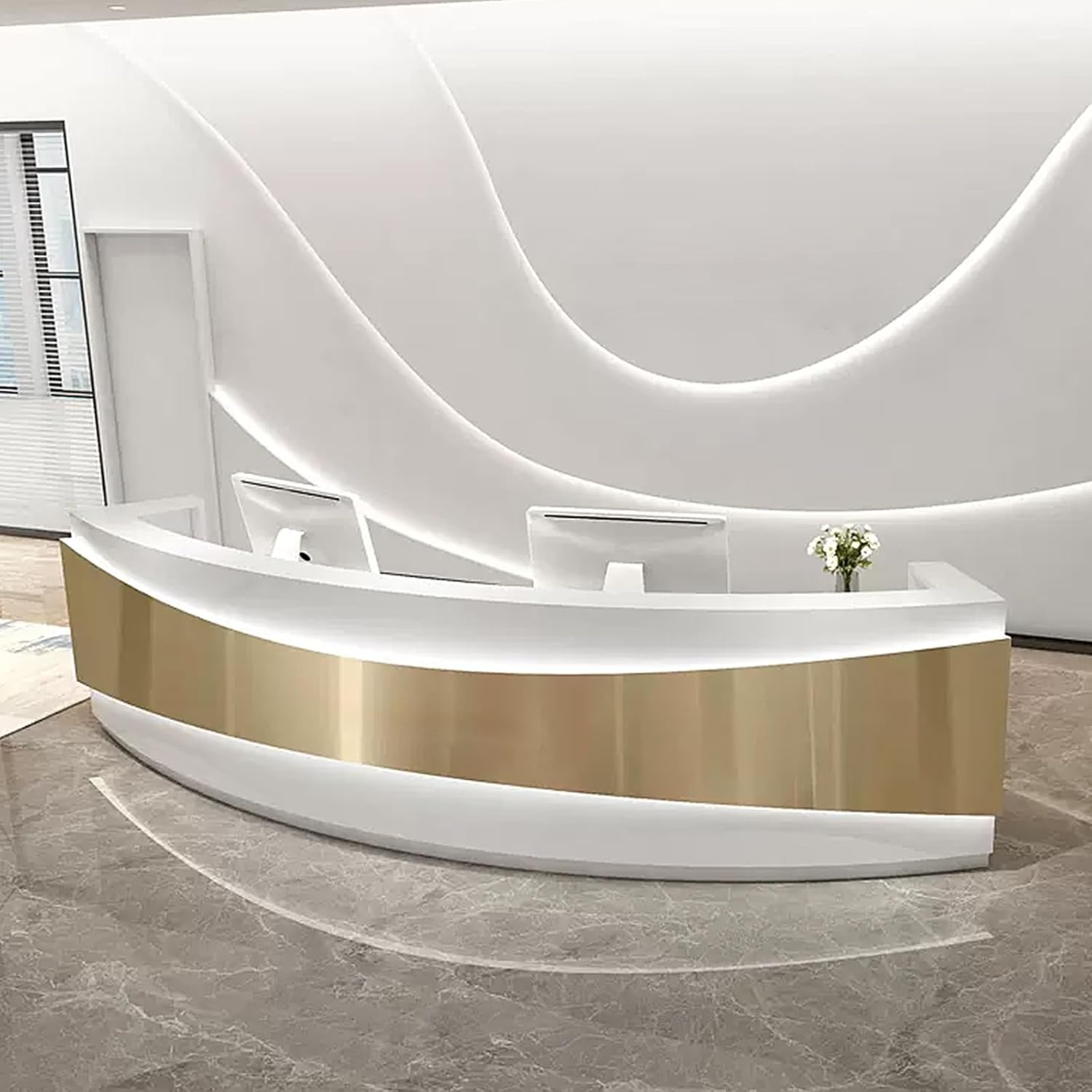 Luxurious Reception Desk - Golden Panel & Curved LED Light & Low-Pitched Slide Rails | Reception Room Front Desk, for Home, Office