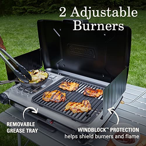 Coleman Tabletop 2-in-1 Grill & Stove with 2 Adjustable Burners, Propane Grill/Stove with Push-Button Starter, Wind Guards, Grease Tray, & 20