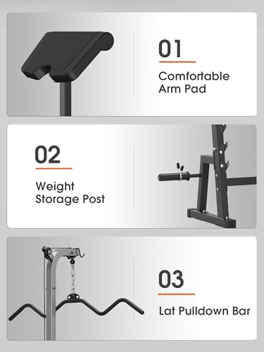 JX FITNESS Olympic Weight Bench with LAT Pulldown Pulley System and Preacher Curl Pad, Workout Bench Press Multi-Function Weight Lifting Gym/Home Gym