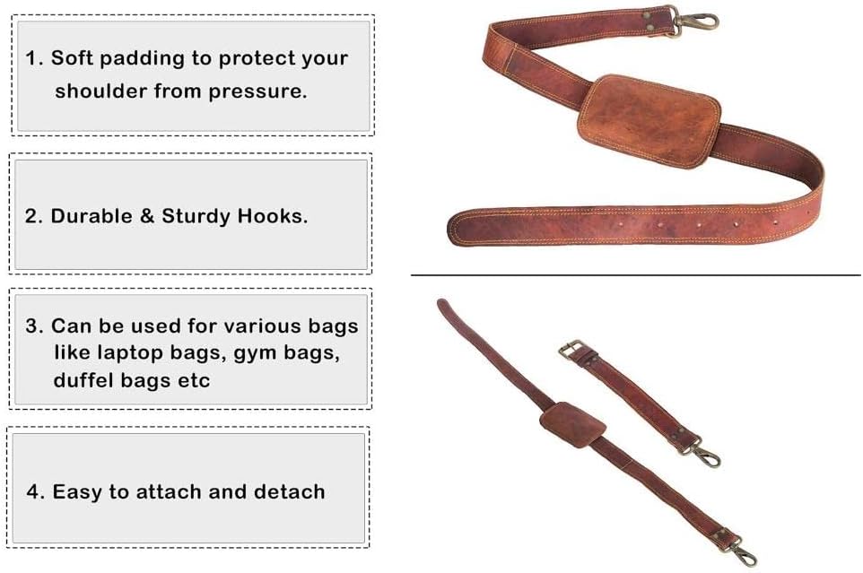 Leather Adjustable Padded Replacement Shoulder Strap with Metal Swivel Hooks for Messenger, Laptop, Camera, Duffle Bags & More