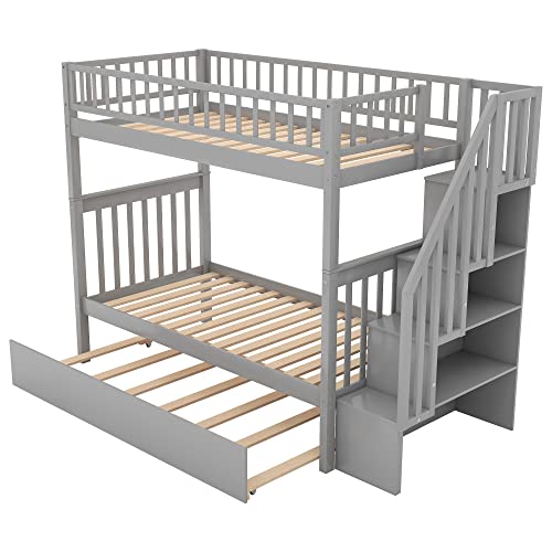 Harper & Bright Designs Bunk Beds Twin Over Full Size, Bunk Bed with Trundle,Storage Shelf and Stairway