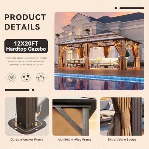 Aoxun 12'x16' Hardtop Gazebo, Aluminum Frame Permanent Pavilion with Netting and Curtains, Outdoor Polycarbonate Double Roof Canopy