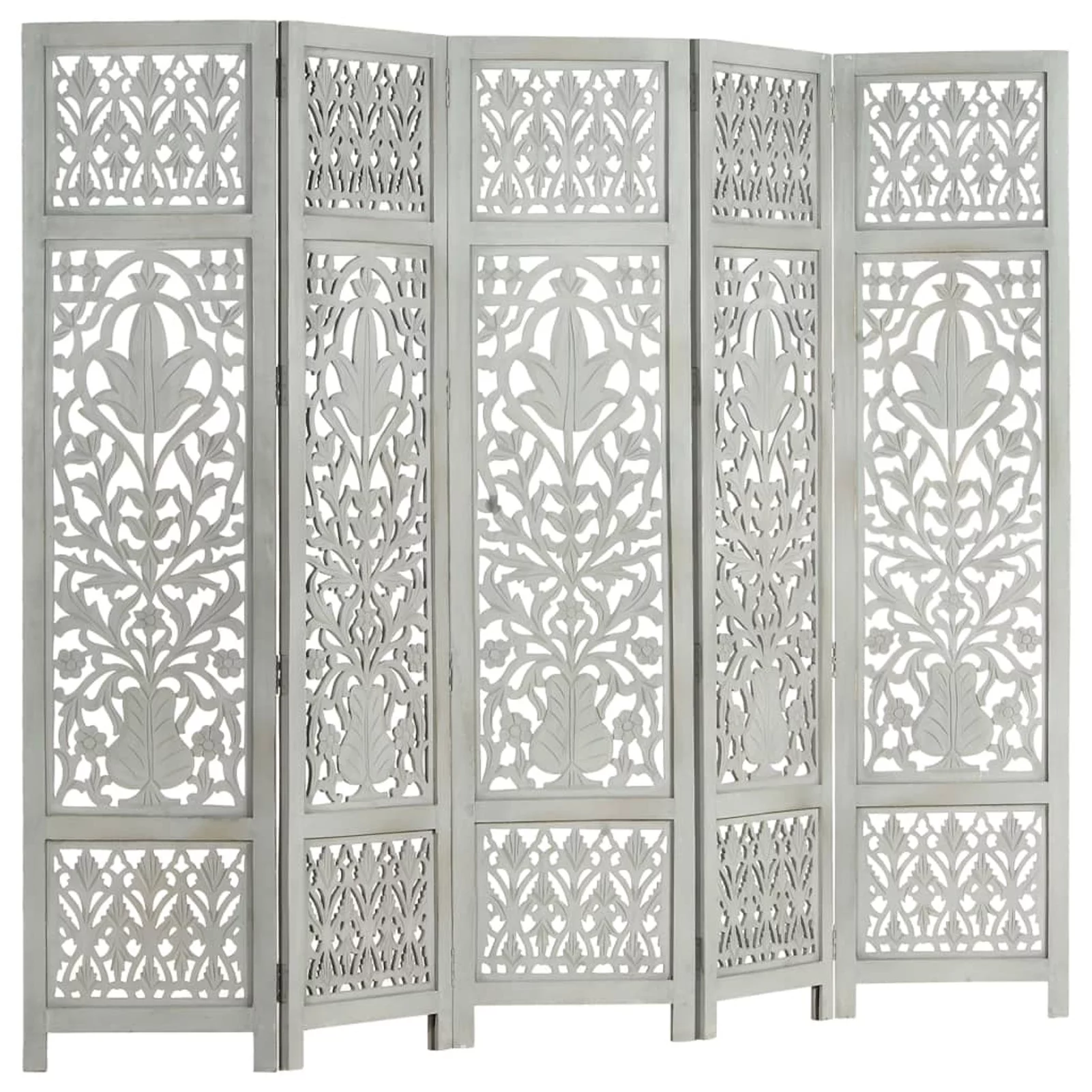 Dcenta Hand Carved 5-Panel Room Divider Wooden Room Partition Panel Mango Wood Folding Screen Gray for Bedroom, Bathroom, Living Room, Kitchen