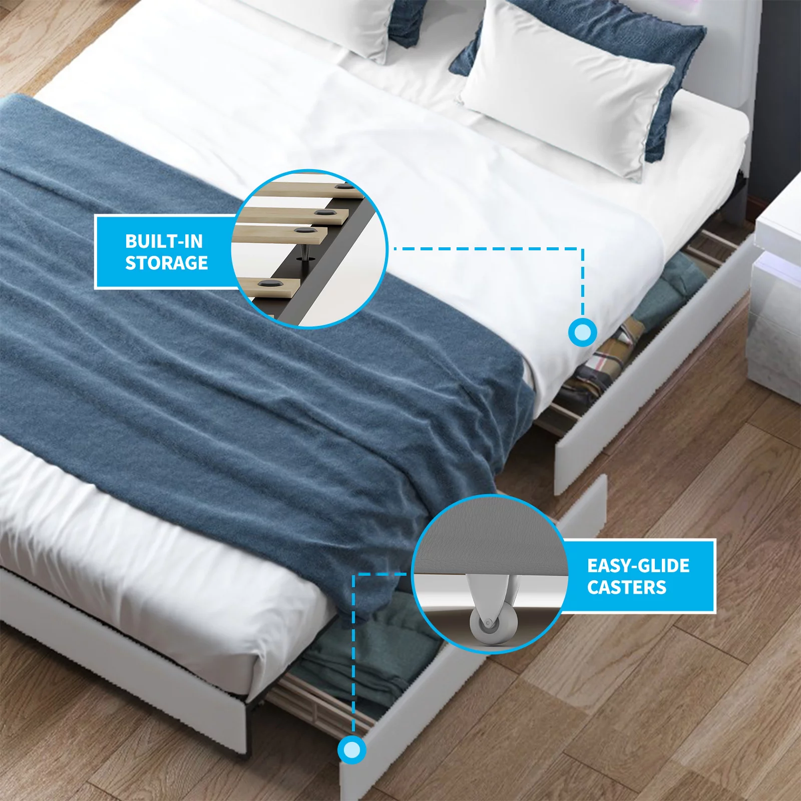 Mjkone King Bed Frame with 4 Storage Drawers, RGB LED Bed Frame with Adjustable Headboard by App Control, Works with Alexa