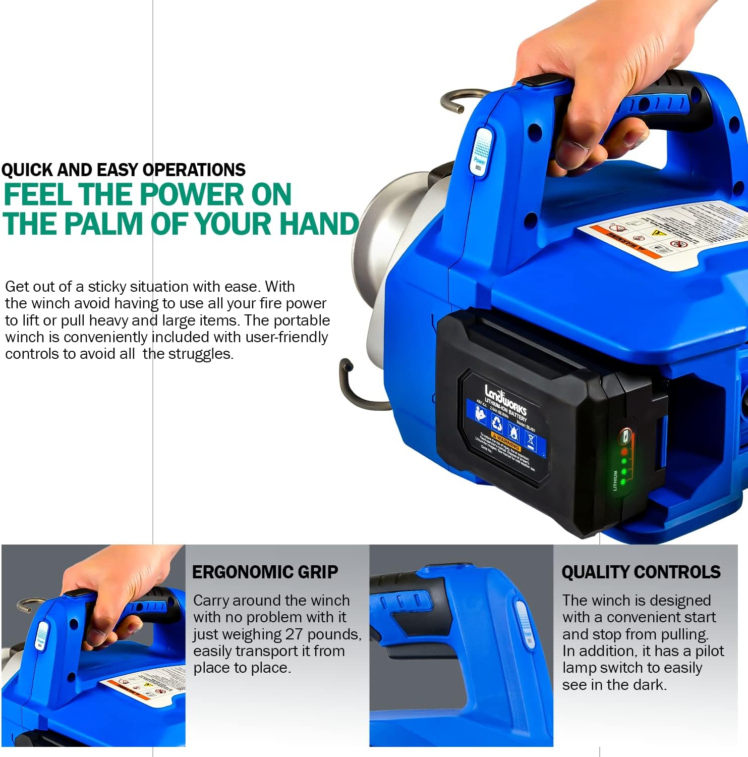 Landworks Electric Towing Capstan Winch Hoist Portable Cordless Brushless Motor Li-Ion Battery Powered 1000-2000 1/2-1 Ton Max Pulling Force for