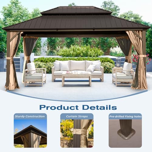 Domi 10' x 10' Hardtop Gazebo Outdoor Metal Gazebo with Galvanized Steel Double Roof Canopy, Curtains and Netting for Patio, Backyard, Deck
