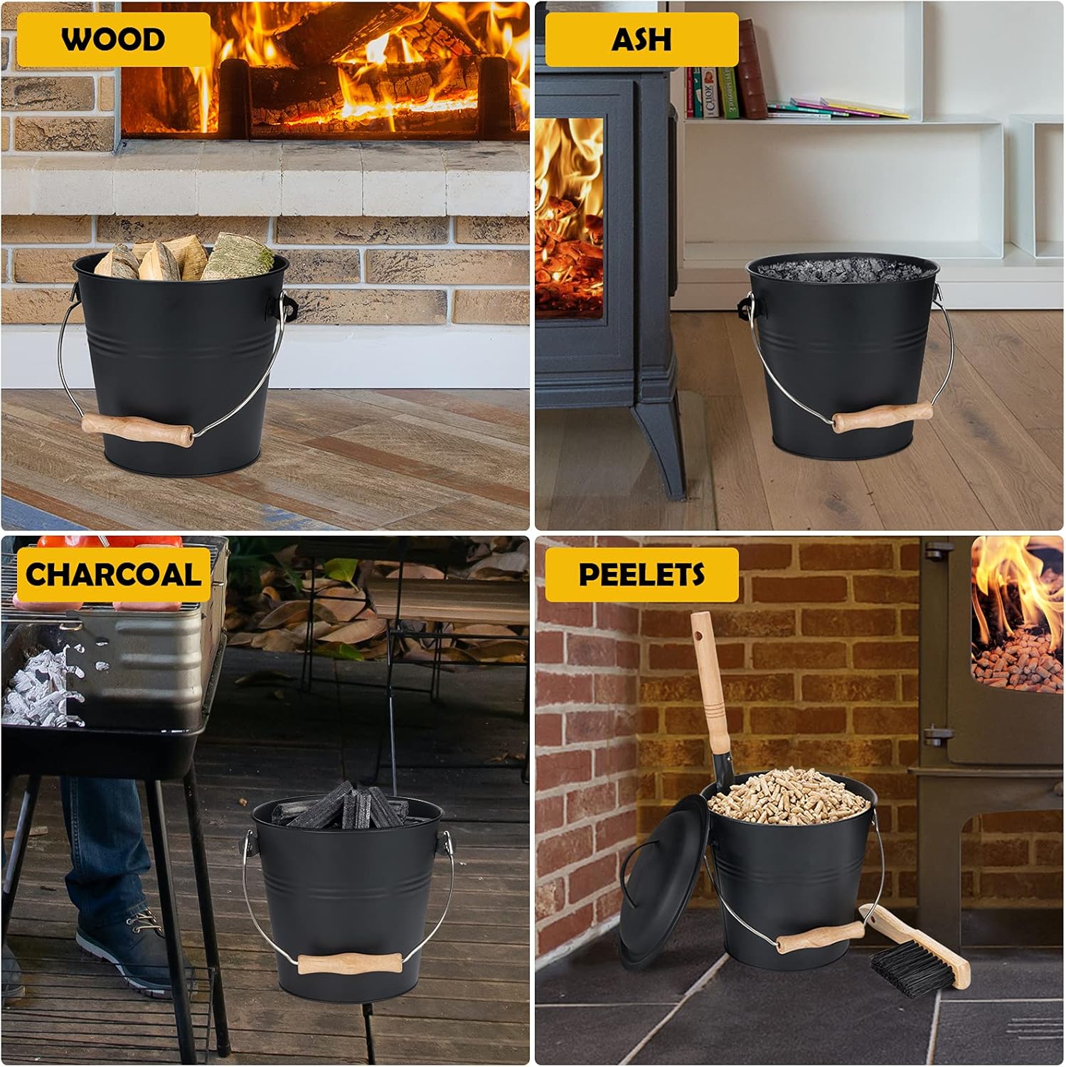 Mini Ash Bucket with Lid, 1.5-Gallon Pail with Shovel and Hand Broom, Metal Bucket Coal and Ash Carrier, Wood Pellet Storage Container