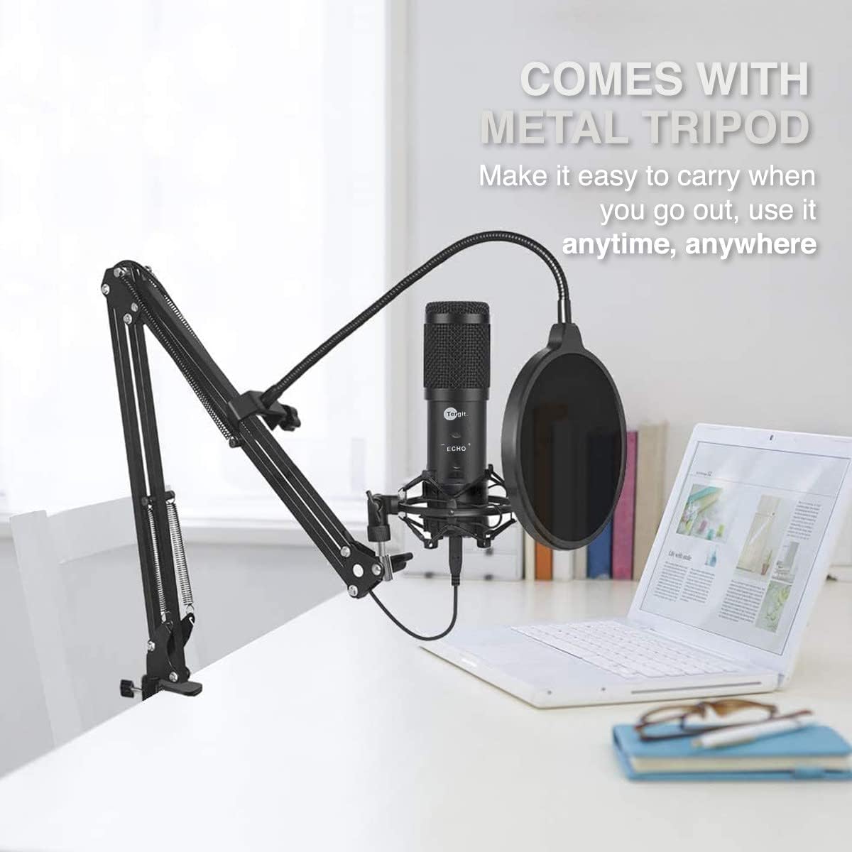 TERGIT Upgraded Condenser Microphone Professional Studio Cardioid Kit Arm Shock Mount Pop Filter Plug and Play Podcasting Gaming YouTube Broadcasting