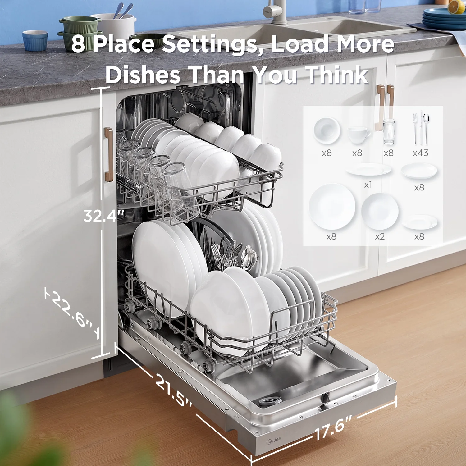 Midea 18" 52 dB Front Control 2-Rack Dishwasher, Stainless Steel Tub, Stainless Steel
