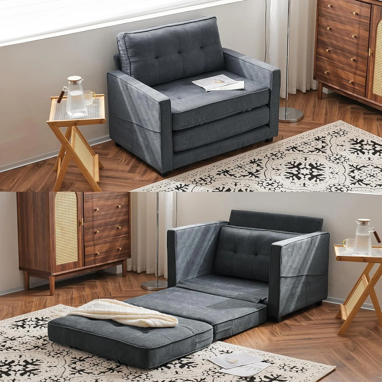 VINGLI Upgraded 64" W 84" L Full Size Futon Sofa Bed, 6" Thick Upholstery Chenille Loveseat Sofa Sleeper Pull Out Couch