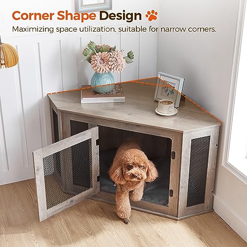 Corner Dog Crate Furniture, Wooden Dog Kennel End Table, Decorative Pet Crate Indoor Use, Furniture Style Dog House for Small Medium Dog