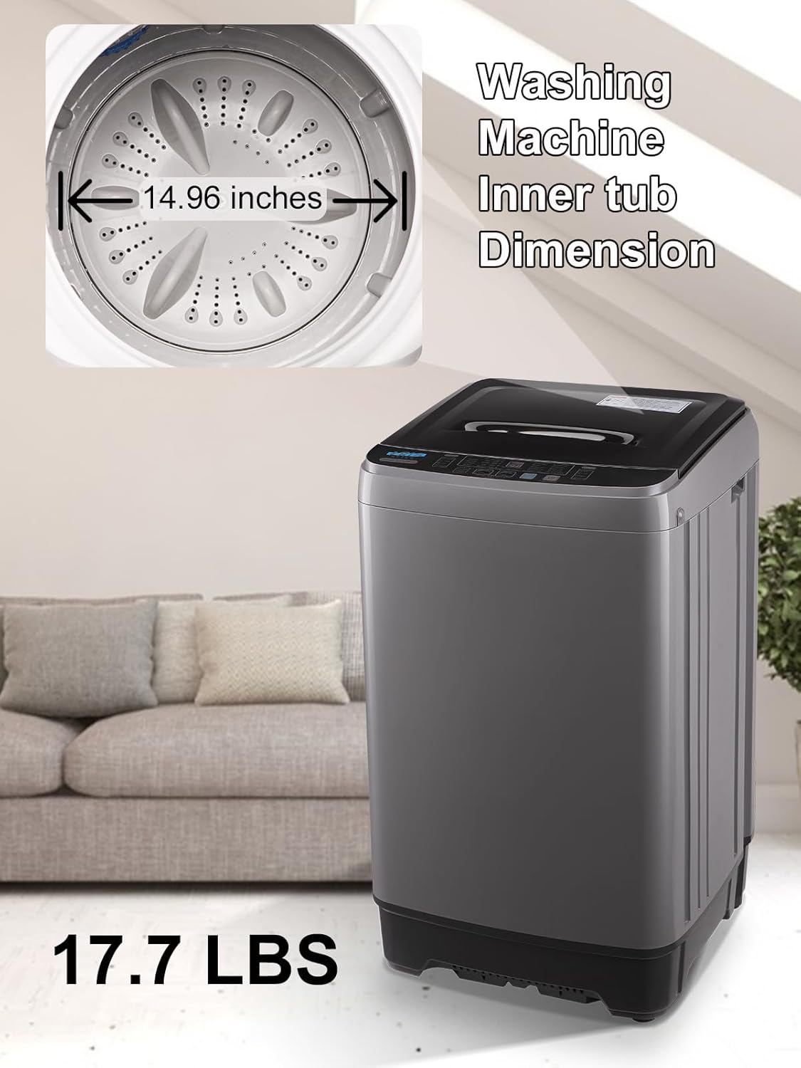 Krib Bling 17.7 lbs Full-Automatic Washing Machine with LED Display, Portable Compact Laundry Washer with Drain Pump, 10 Wash Programs 8 Water Levels