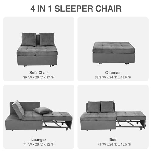 Sofa Bed 4-in-1 Convertible Pull Out Couch, Velvet Love seat Couch Sleeper Chair Bed with 2 Throw Pillow