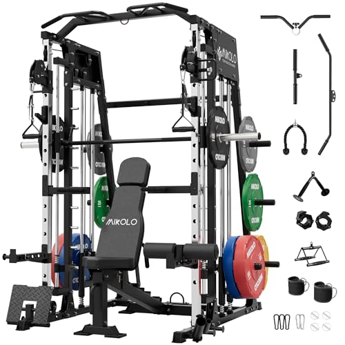 Mikolo Smith Machine, 2200lbs Squat Rack with LAT-Pull Down System & Cable Crossover Machine, Training Equipment with Leg Hold-Down Attachment