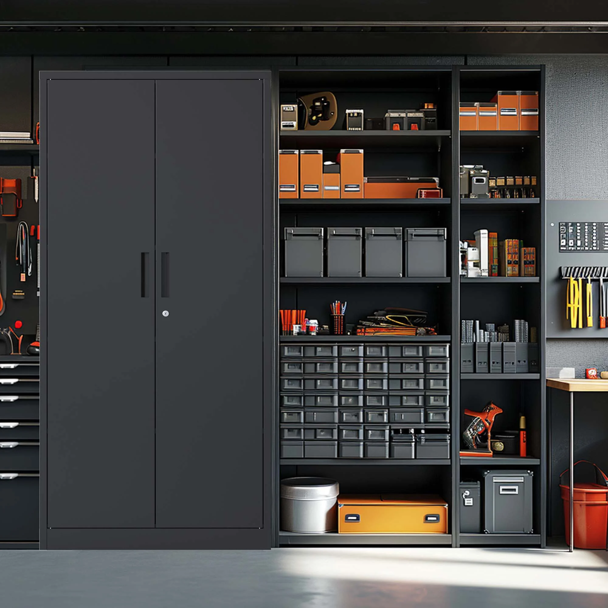 72"H Metal Garage Storage Cabinet, Black Tool Steel Locking Cabinet with Doors and 4 Shelves