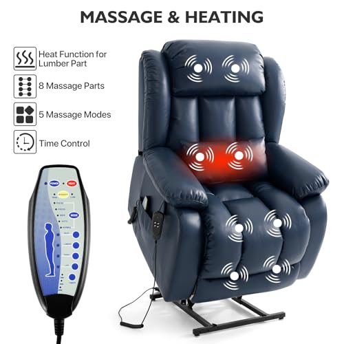 EDILLY Large Genuine Leather Power Lift Recliner Chairs for Elderly, Dual Motor with Massage and Heating,Double Lumbar Cushion and Extended Footrest