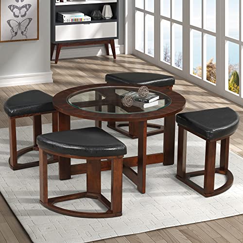 Roundhill Furniture Cylina Solid Wood Glass Top Round Coffee Table with 4 Stools, Espresso