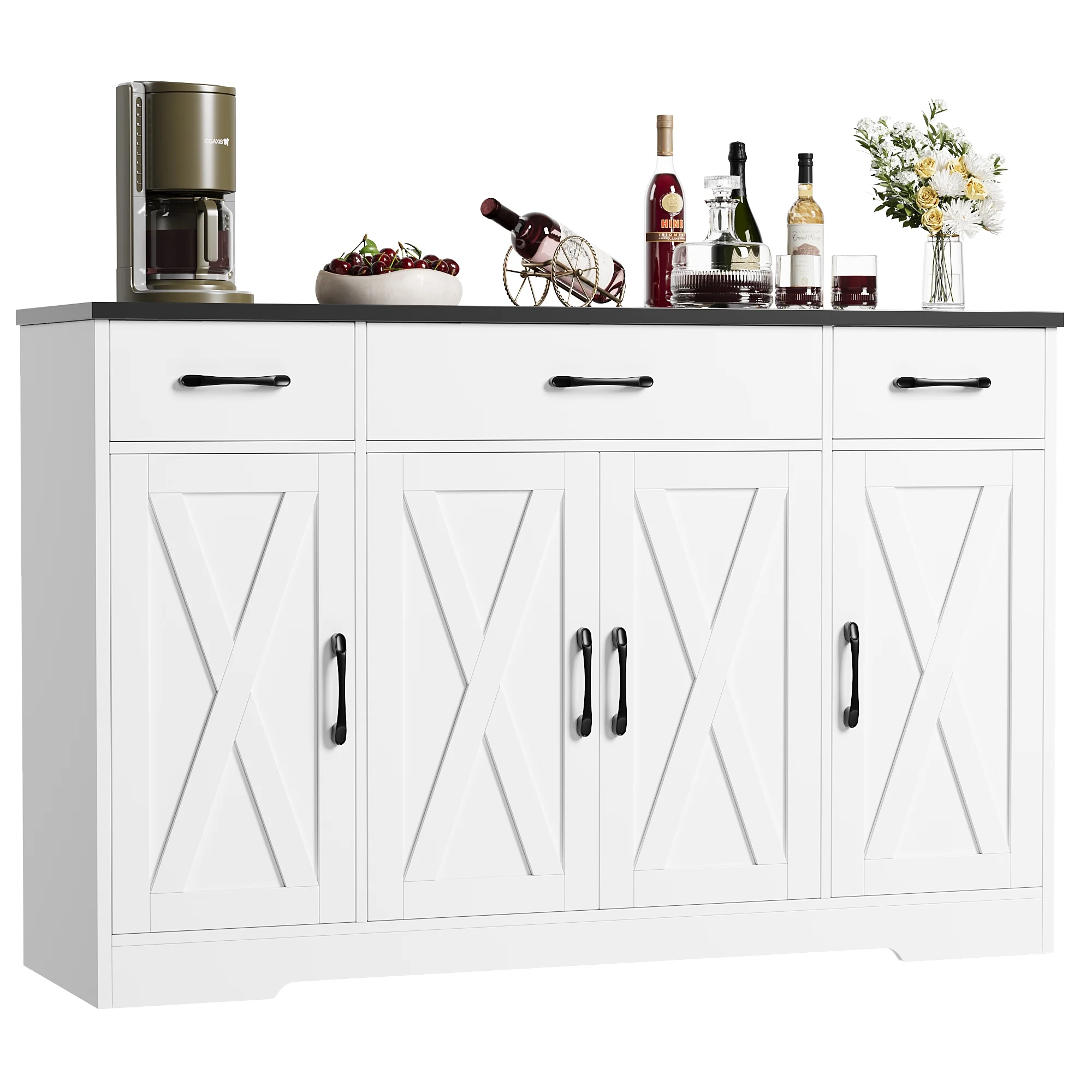 Homfa 55.1‘’ Farmhouse Kitchen Sideboard, 4-Doors 3-Drawers Wood Buffet Cabinet with Adjustable Shelves, Black & White