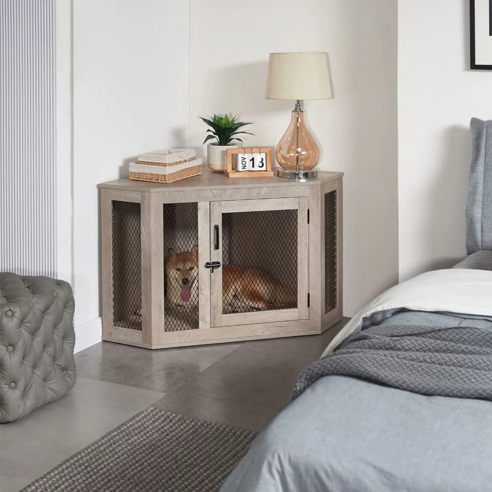 UniPaws UH5165 Medium Corner Dog Crate -  Weathered Grey