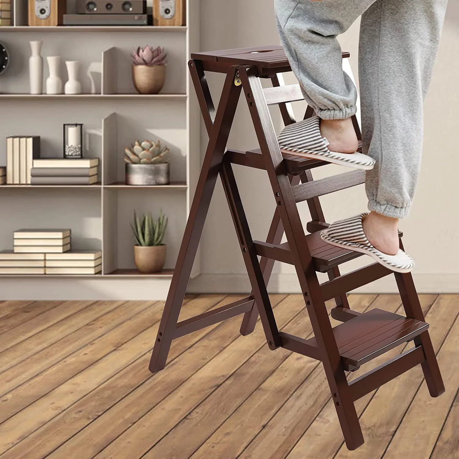 Miumaeov Wooden Step Stool 220lbs Load-bearing Non-slip Folding Ladder 4-Step Ladder