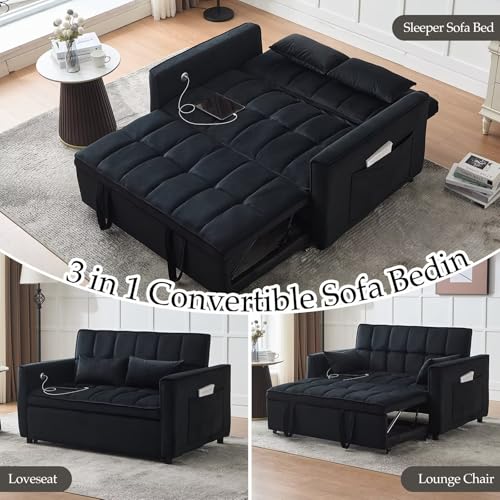 Modern 3 in 1 Convertible Sleeper Sofa Couch Bed with USB, Adjustable Backrest Velvet Pull Out Sofa Bed, Loveseat Sleeper Couch