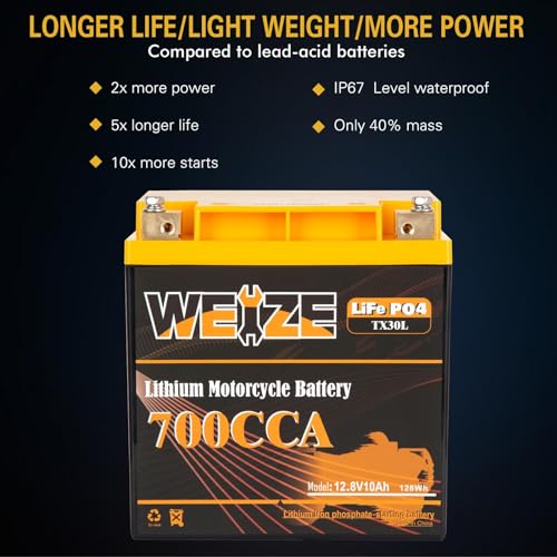 Weize Lithium YTX30L-BS, 700A Lithium LiFePO4 YTX30L Motorcycle Battery, 12V 10AH ATV, UTV, Jet Ski, Scooter, Lawn Mower, Tractor, Generator Battery