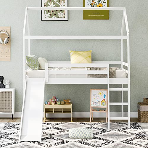 Merax Twin Over Twin House Bunk Bed Frames with Slide and Storage Staircase, No Box Spring Needed, White