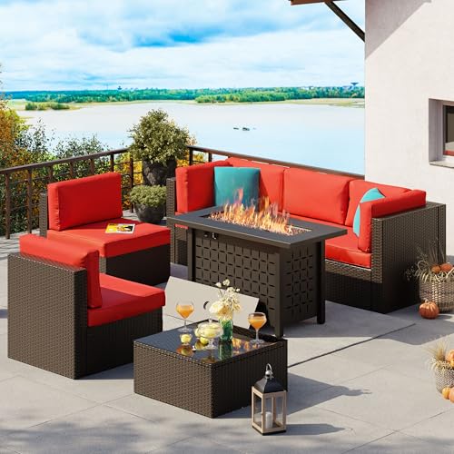 Vongrasig 6 Pieces Outdoor Patio Furniture Set, PE Wicker Rattan Sectional Sofa Patio Conversation Sets with Coffee Table for Garden, Backyard