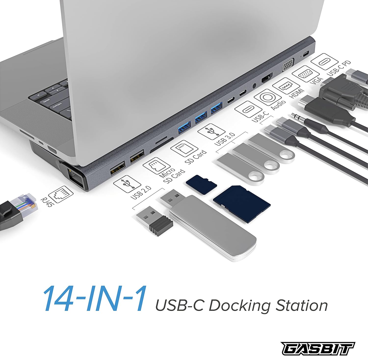 GASBIT 14-in-1 USB C Hub Multiport Adapter - USB C Power Adapter; USB-C Dongle; HDMI; VGA; SD Card Reader; MicroSD Card Reader; Ethernet; 2 USB 2.0