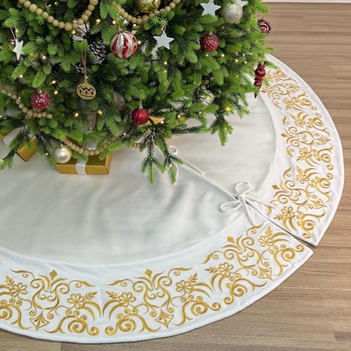 72-Inch Victorian Velvet Christmas Tree Skirt with Gold Damask Embroidery and Plush Lace Ties, Burgundy