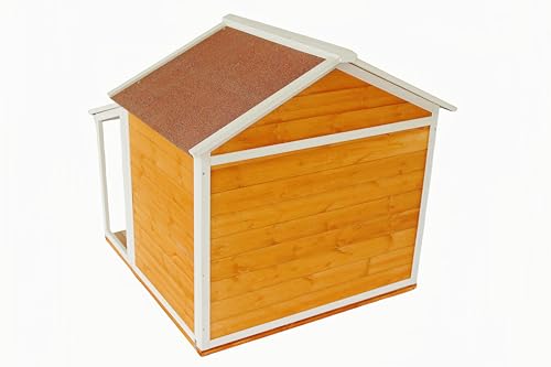 Indoor-Outdoor Wooden Dog House, Porch, Asphalt Roof, Plastic Door Curtain, Ventilation Windows, Brown, Weatherproof, Small to Medium Dog