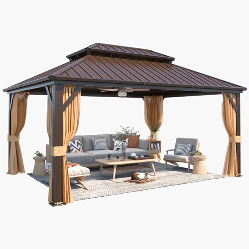 YOLENY 10' x 12' Hardtop Gazebo, Metal Gazebo with Aluminum Frame, Double Galvanized Steel Roof, Curtains and Netting Included