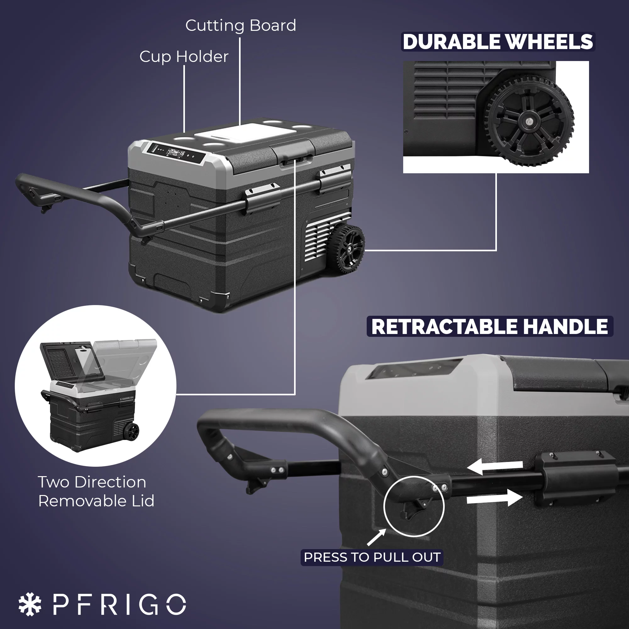 PFRIGO Car Fridge 48 Quart (45L) Portable 12v Cooler with Rolling Wheels, Pull Handle, Dual Temperature Control App