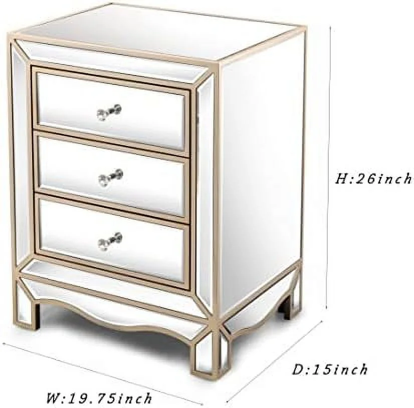 TJBOLIFE Mirrored Nightstand Bedside Table  Modern 3-Drawer Mirrored Accent End Tables Sofa  with Crystal-Style Knobs for Bedroom  Living Room