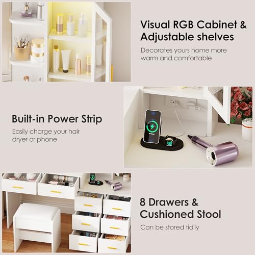 ANWBROAD 51.8" Makeup Vanity Desk with Mirror and Lights White Vanity Table with RGB Storage 8 Drawers Power Outlet Large Dresser Dressing Table with
