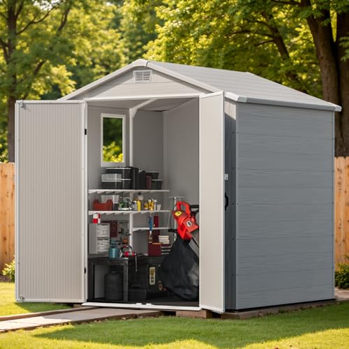 Patiowell 6 x 8 FT Plastic Outdoor Storage Shed with Floor, Resin Outside Tool Shed with Two Windows and Lockable Easy to Install, Door for Garden