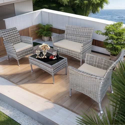 PatLoom 4-Piece Outdoor Furniture Set,Dark Grey Rattan Wicker Patio Sofa,Elegant Patio Conversation Set with Glass Top Coffee Table for Garden