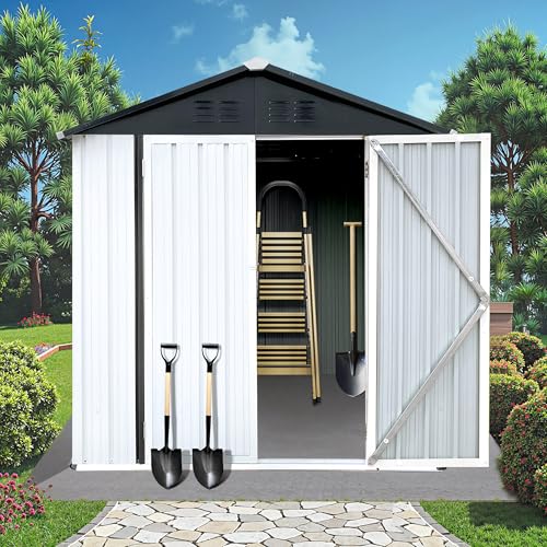 8x6 FT Outdoor Storage Shed, Metal Tool Shed with Lockable Doors, Peaked Roof & Frame Floor