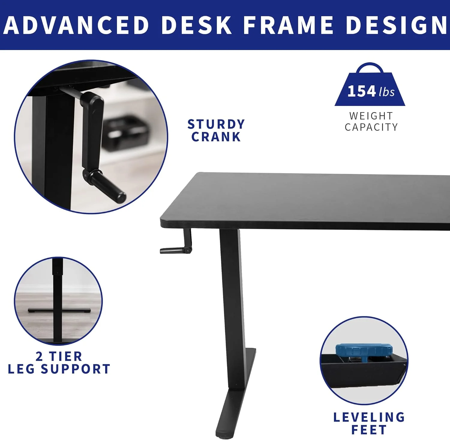 Manual Height Adjustable 36 X 24 Inch Stand Up Desk, Black Solid One-Piece Table Top, Black Frame, Standing Workstation With Hand Crank, DESK-KIT-CB3B