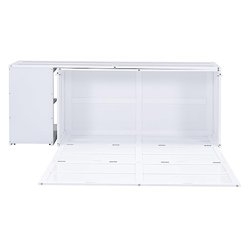 Full Size Murphy Cabinet Wall Bed With Storage and Bookcase Headboard, Solid Wood Cabinet With Shelves and USB Ports, Platform Floor for Home Office