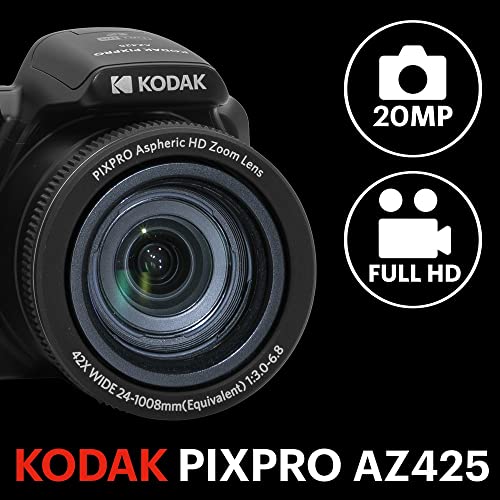 KODAK PIXPRO AZ425-BK 20MP Digital Camera 42X Optical Zoom 24mm Wide Angle Lens 1080P Full HD Video Optical Image Stabilization Li-Ion Battery 3" LCD