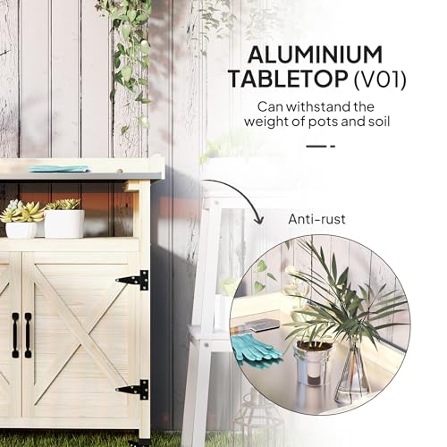 Outsunny Outdoor Wooden Potting Bench Table, Garden Workstation with Storage Cabinet, Aluminum Table Top, Rubber Wheels for Backyard, Patio, Balcony