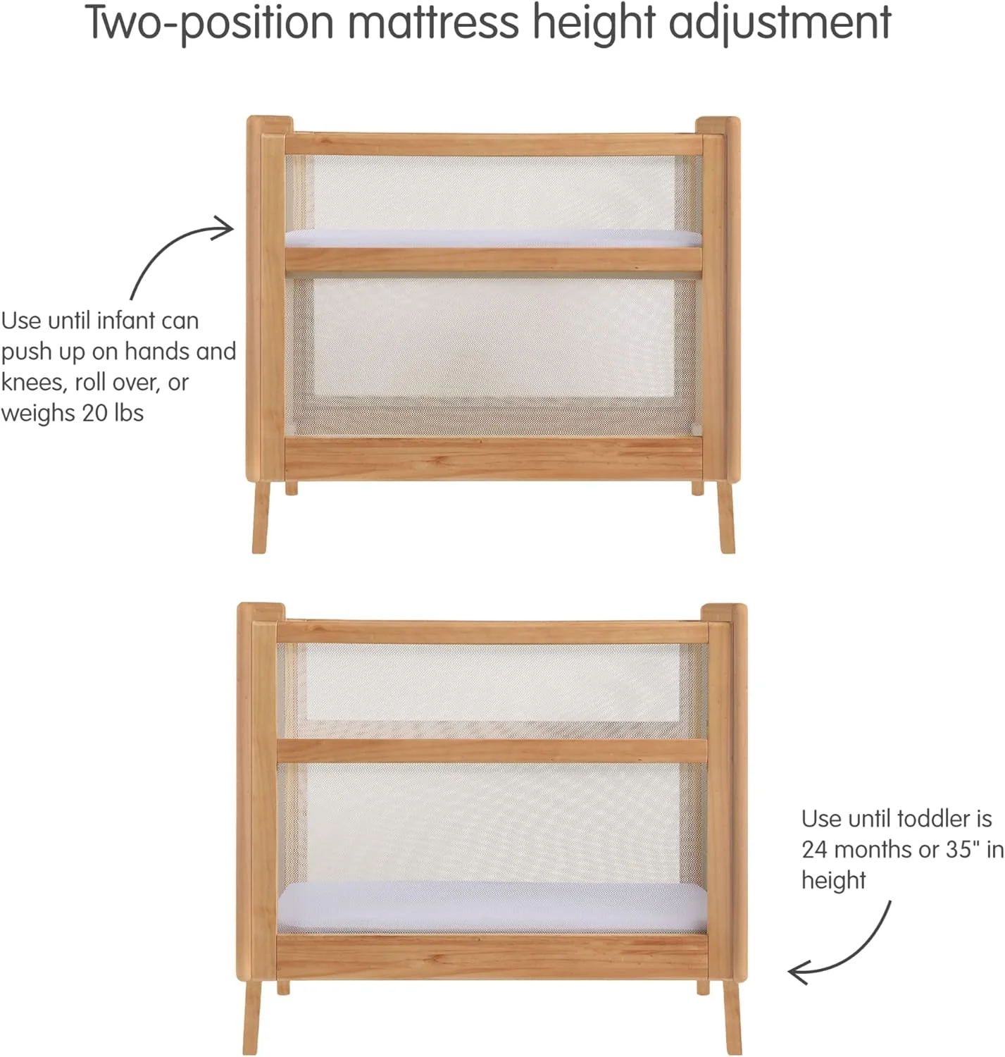 YINCHEN Breathable Mesh 2-in-1 Mini Crib with Mattress — Beech — Two Adjustable Mattress Heights — Greenguard Gold Certified