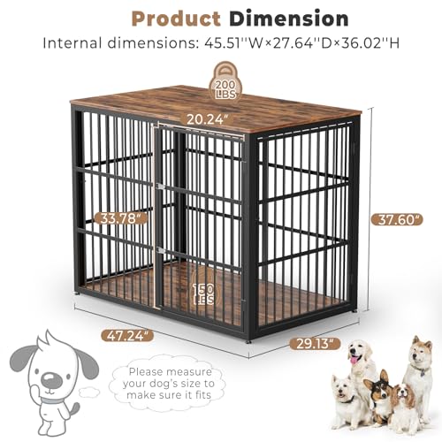 43'' Dog Crate Furniture with 3 Doors, XL Wooden Crate End Table Heavy Duty Indoor Puppy Cage for Medium to Large Dogs, Multiple Units Can be Combined