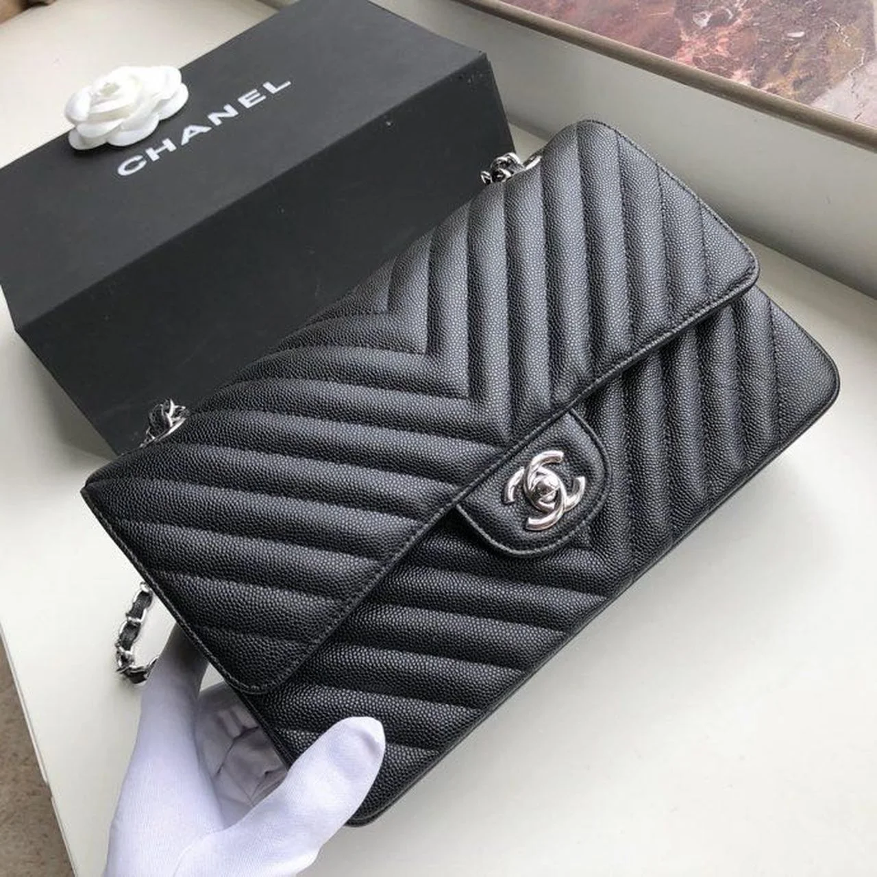 Chanel Chevron Classic Handbag Silver Hardware Black For Women, Women&rsquo;s Bags, Shoulder And Crossbody Bags 10.2in/26cm